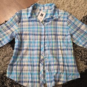 Blue Plaid Button-Up Shirt half sleeve summer
